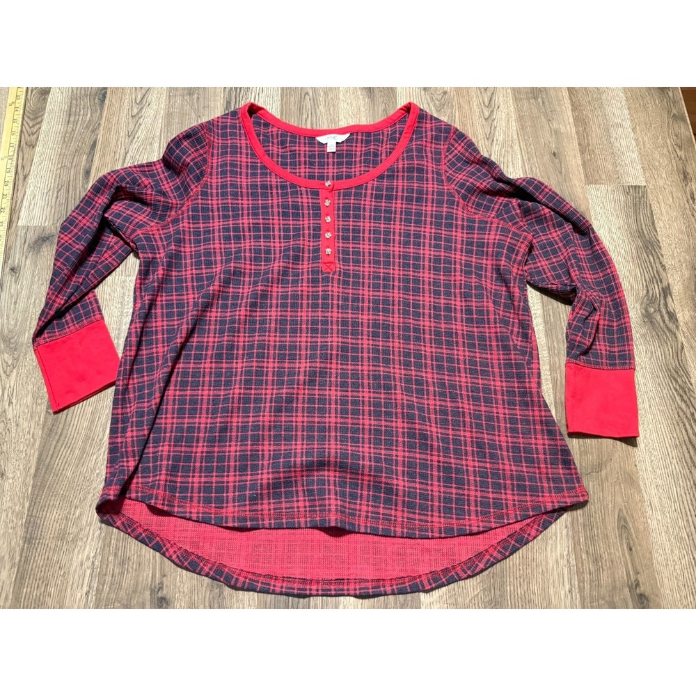 Terra & Sky Shirt Women's Plus 2X Red Black Plaid Long Sleeve 1/4 Button
